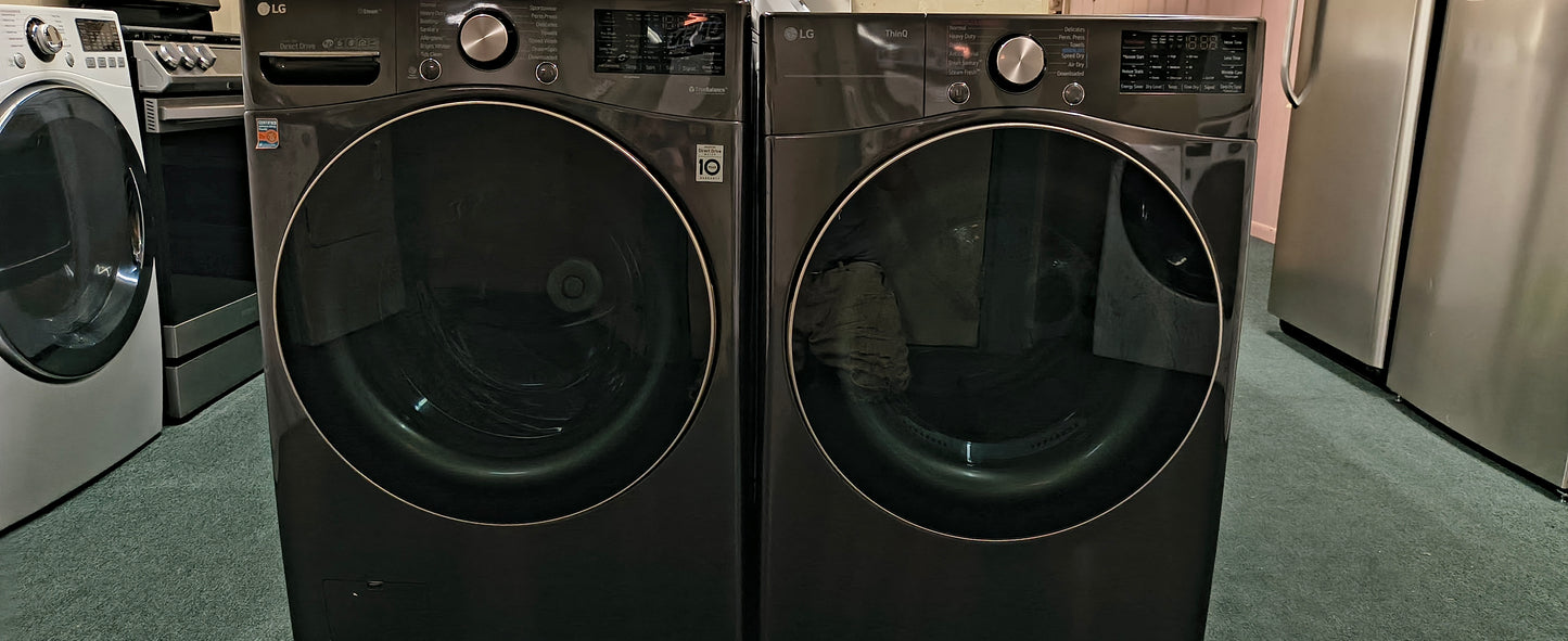 LG Elite Platinum Stainless FrontLoad Washer & New Scratch & Dent Electric Dryer Set - Stackable & Downloadable Features