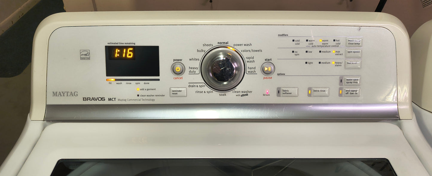 MAYTAG BRAVOS MCT WHITE ELITE TOPLOAD WASHER & ELECTRIC DRYER SET